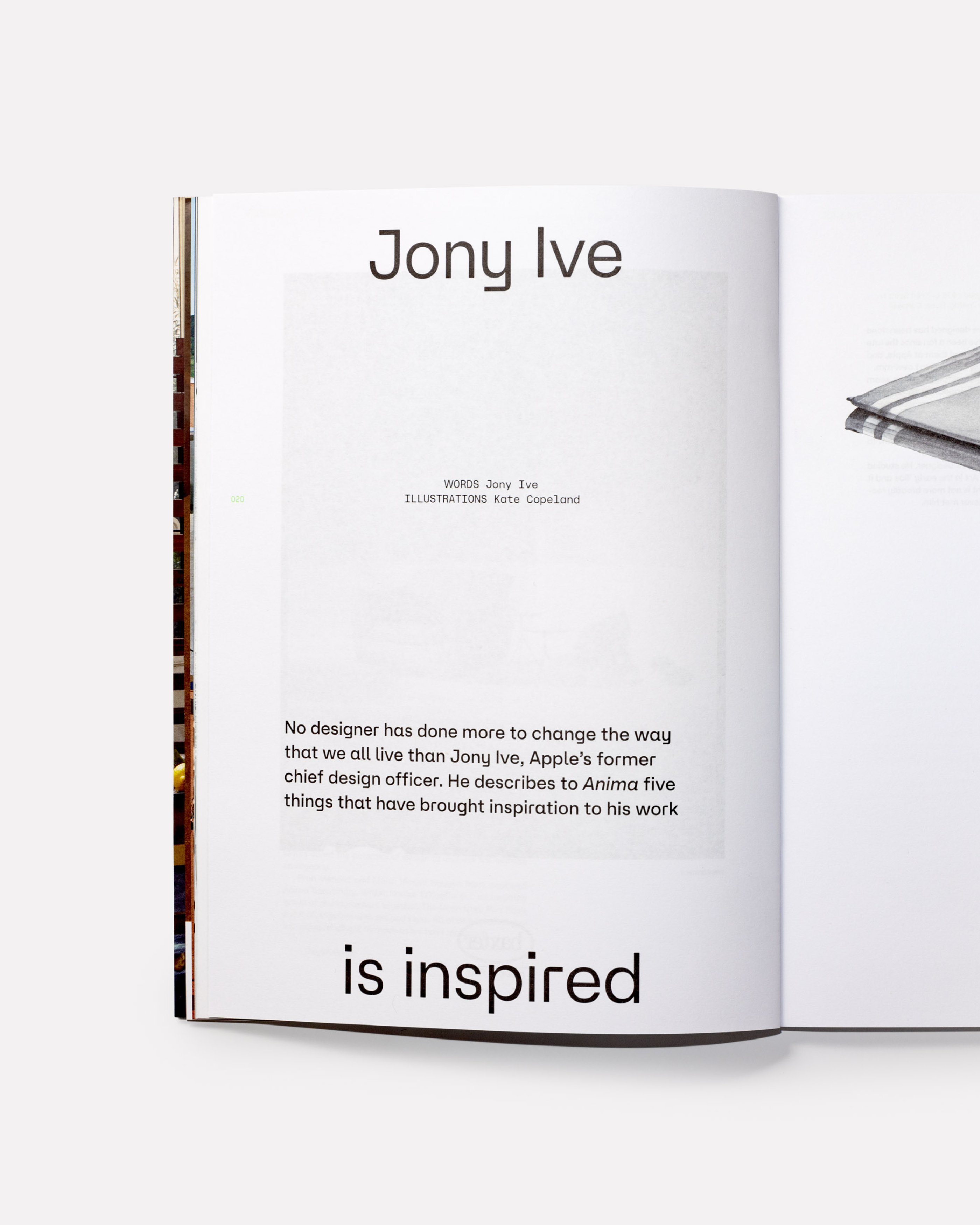 Inside spread of Anima magazine on white background.