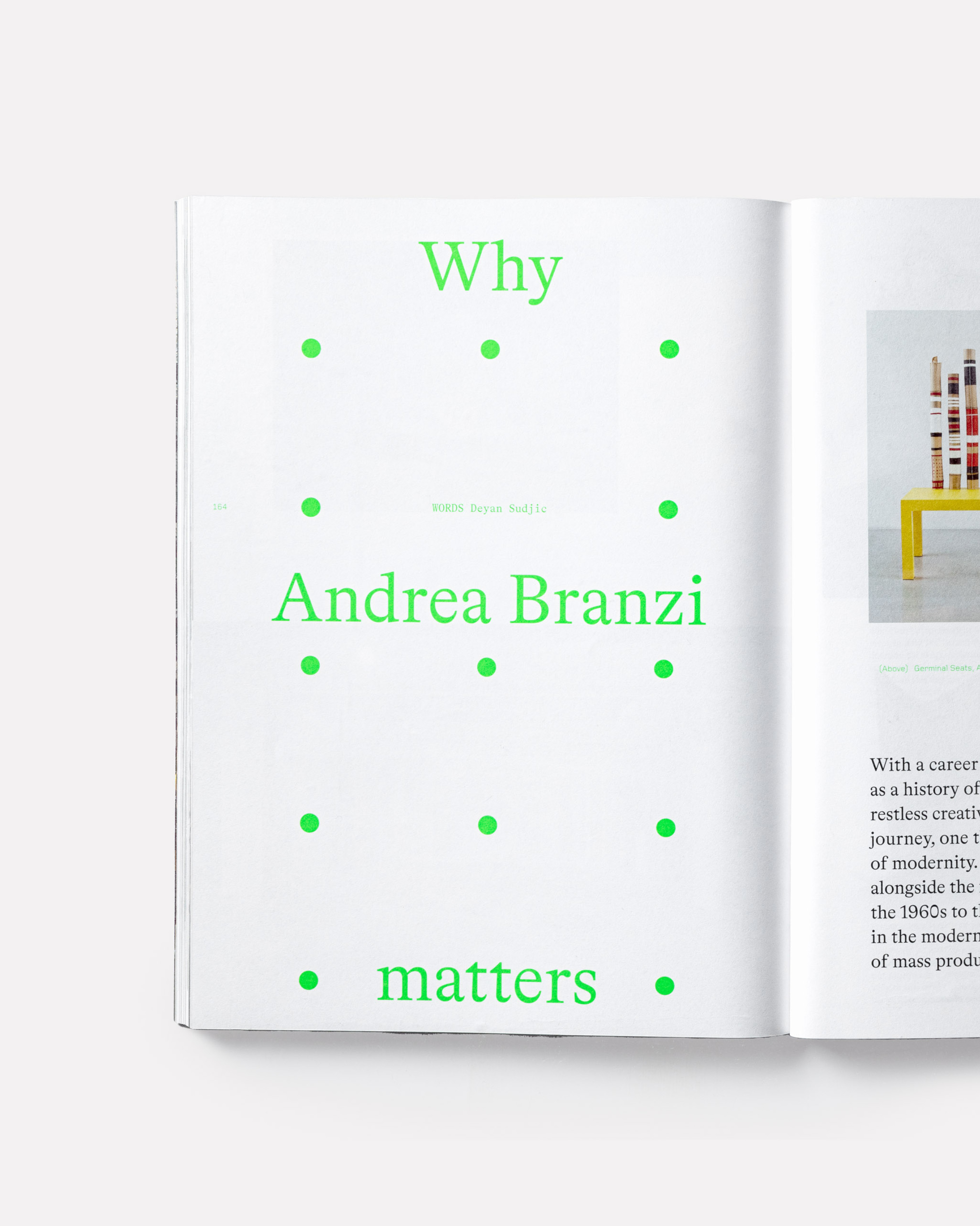 Inside spread of Anima magazine featuring Andrea Branzi on white background.