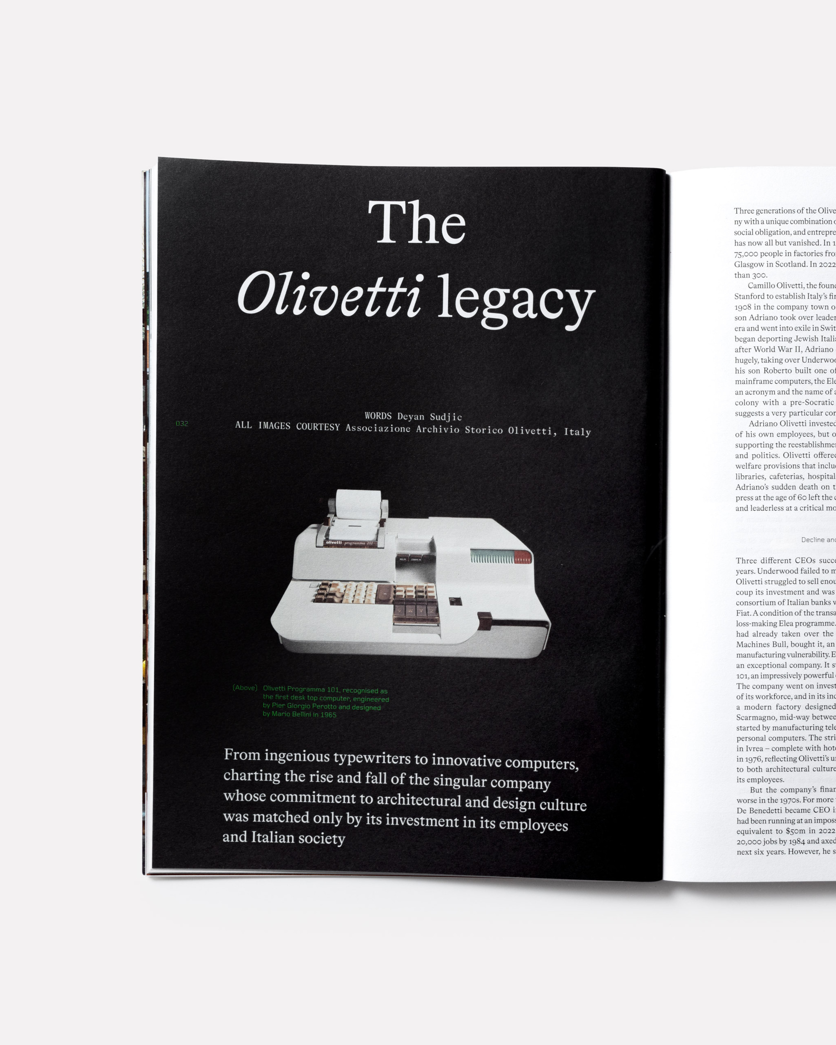 Inside spread of Anima magazine featuring the title ‘The Olivetti legacy’ on white background.