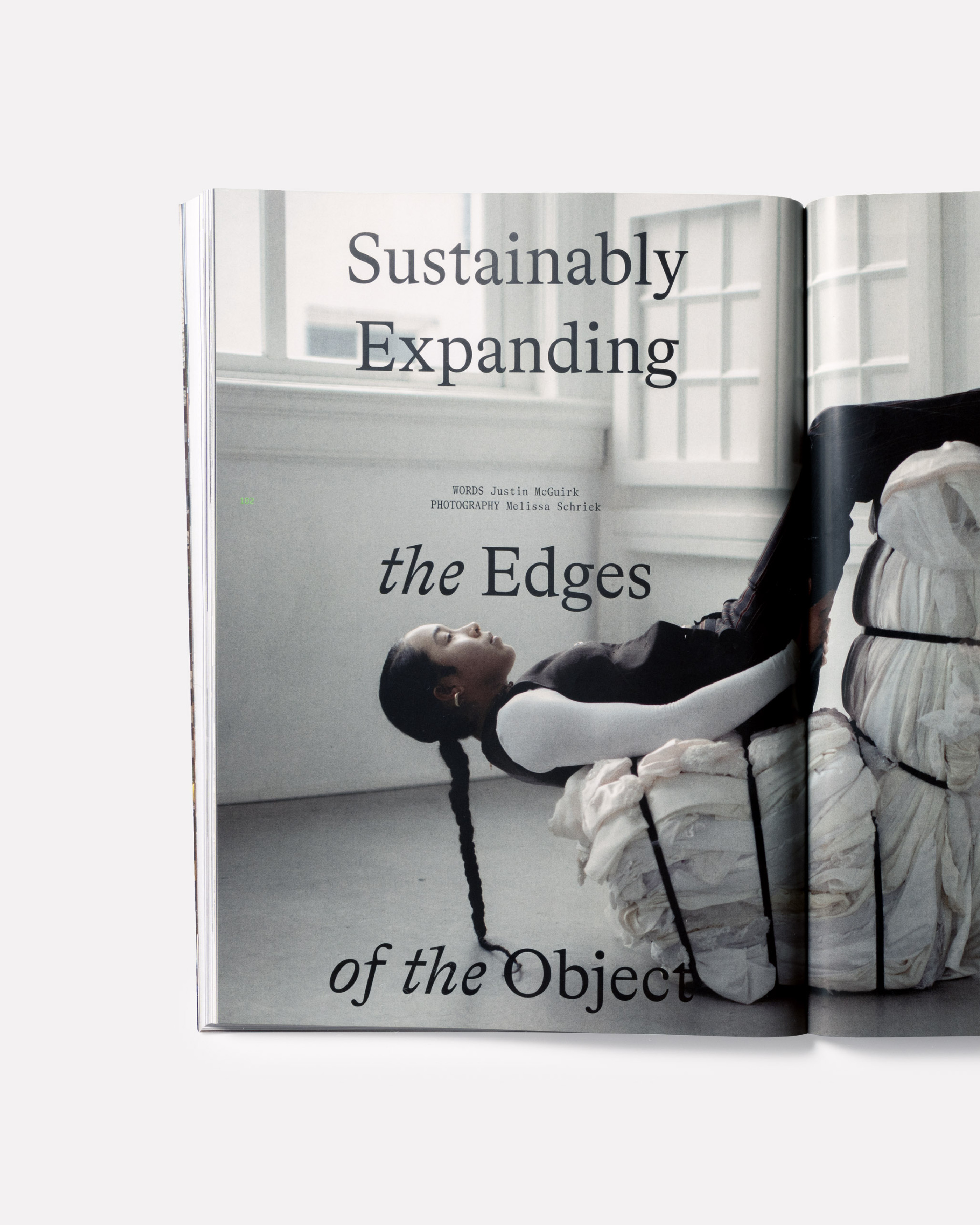 Inside spread of Anima magazine featuring the headline ‘Sustainably Expanding the Edges of the Object’ on white background.