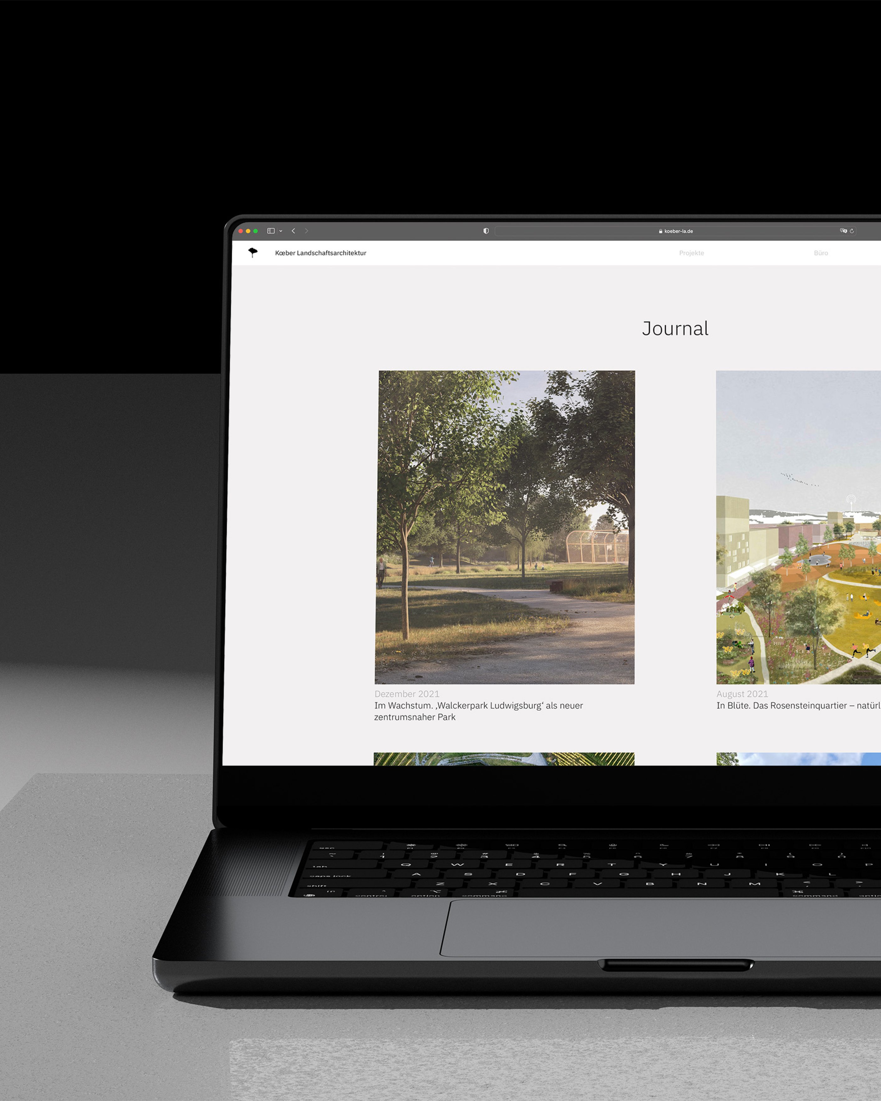 Website for Koeber Landscape architects displayed on a laptop.