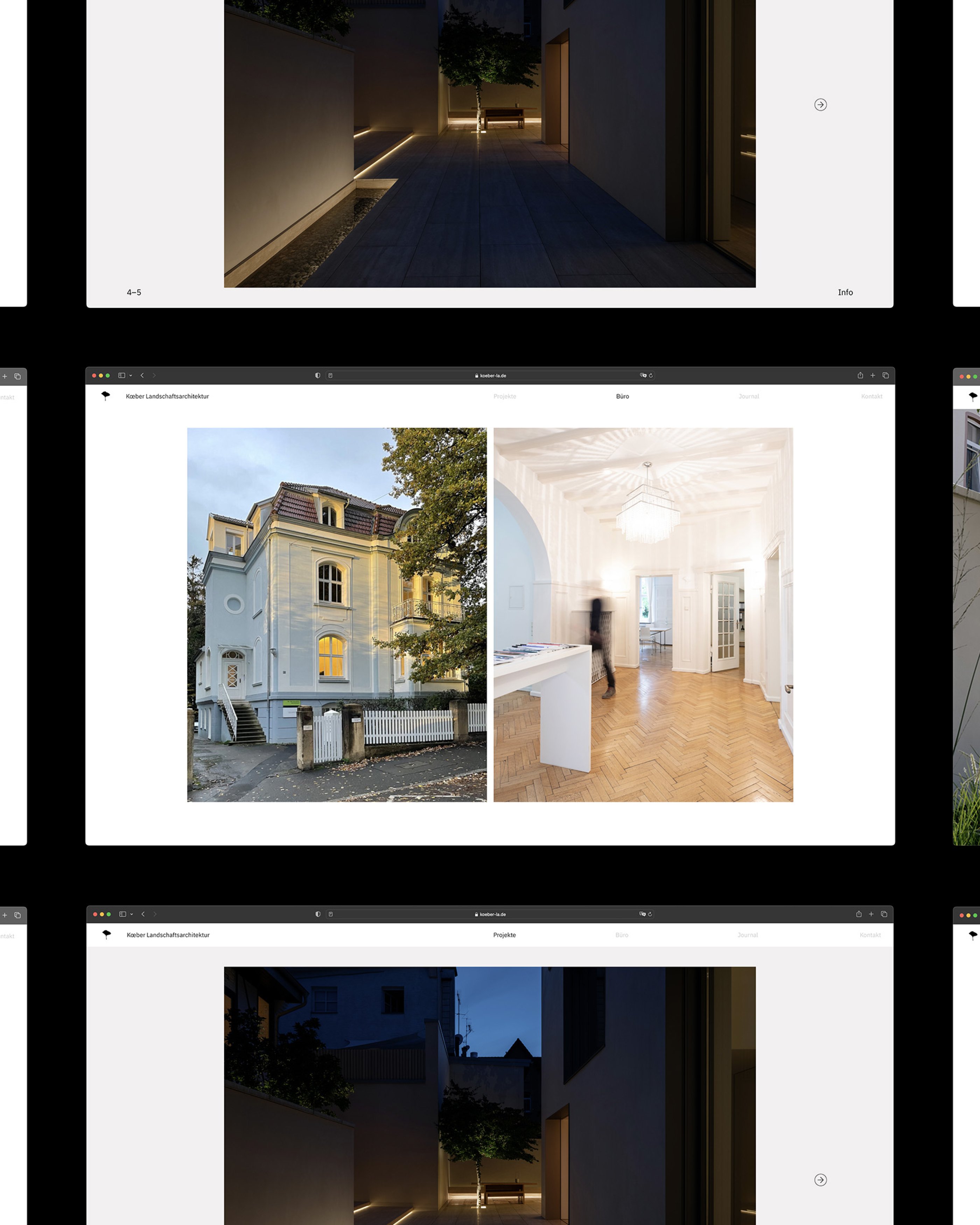 Website for Koeber Landscape architects displayed on multiple browser windows.