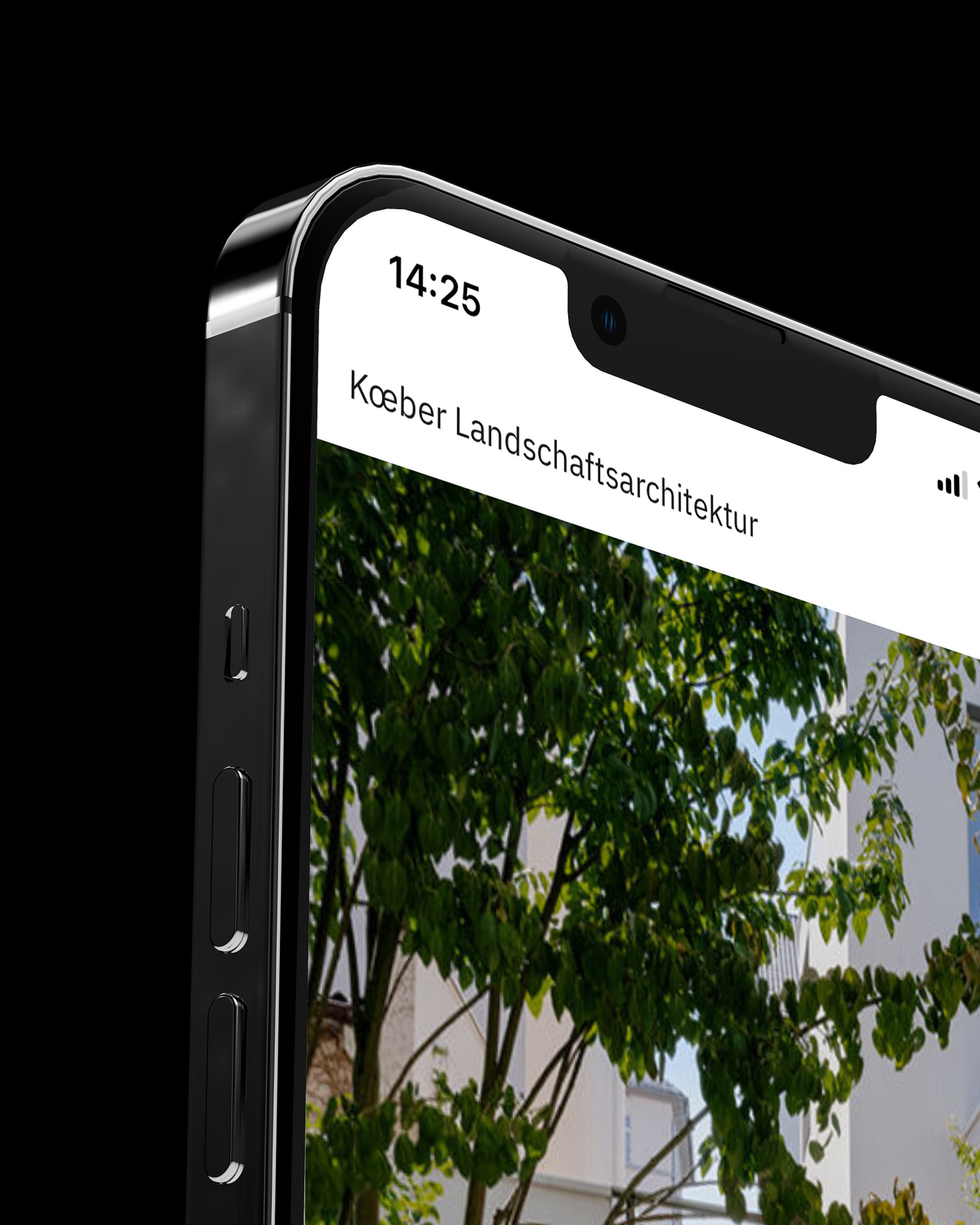 Website for Koeber Landscape architects displayed on a smartphone.